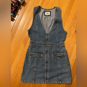 Forever 21 denim jeans deep v-neck mini dress low cut body con full zip M blue